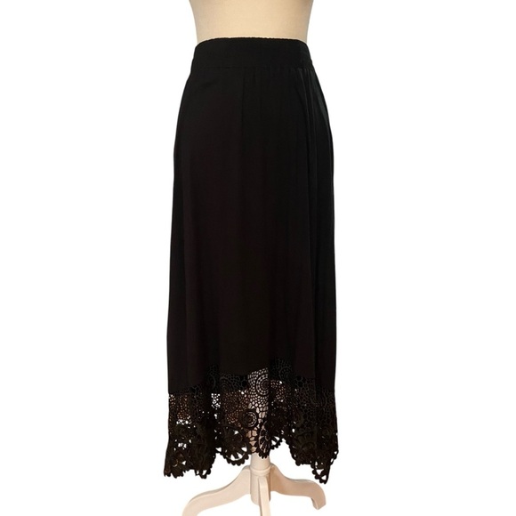 Cupio Asymmetrical Lace Hem Skirt Size M Black Pull On Viscose Calf Length Boho - Picture 2 of 14